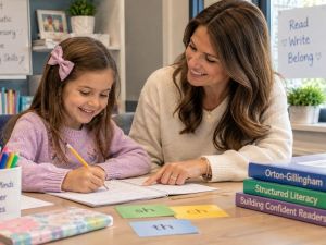 Second-grade student smiling while practicing writing during a one-on-one Orton-Gillingham tutoring session with a supportive tutor.