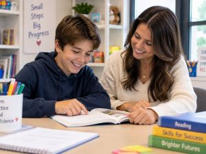 Sixth-grade student reading with a supportive tutor during a one-on-one reading session at a Commonwealth Learning Center.